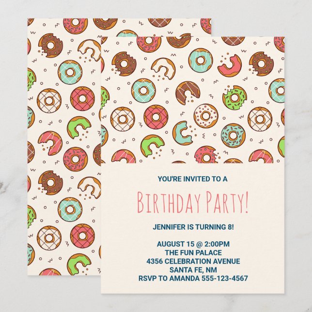 Retro Style Cute Doughnut Pattern Birthday Party Invitation (Front/Back)