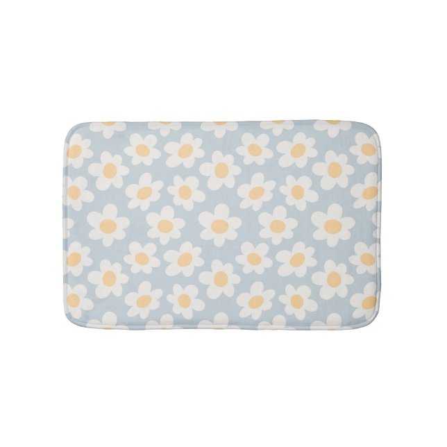 Retro style daisies in bloom on blue background bath mat (Front)