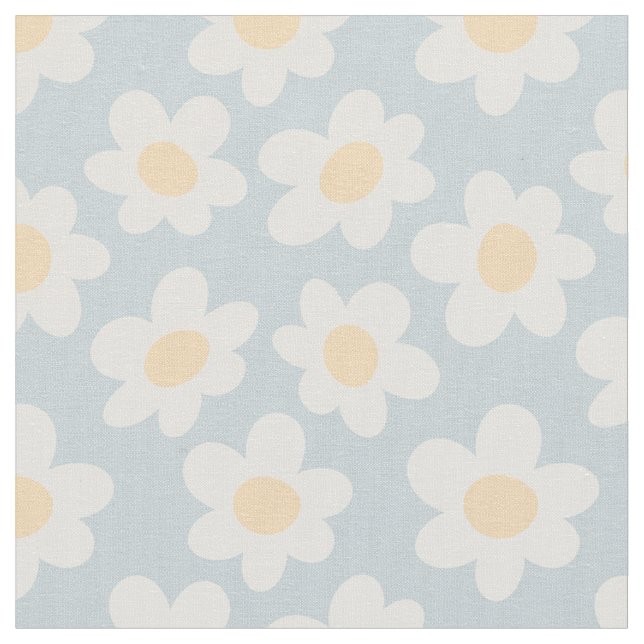 Retro style daisies in bloom on blue background  fabric (Close Up)