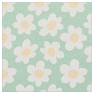 Retro style daisies in bloom on green background fabric