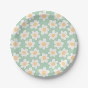 Retro style daisies in bloom on green background paper plate