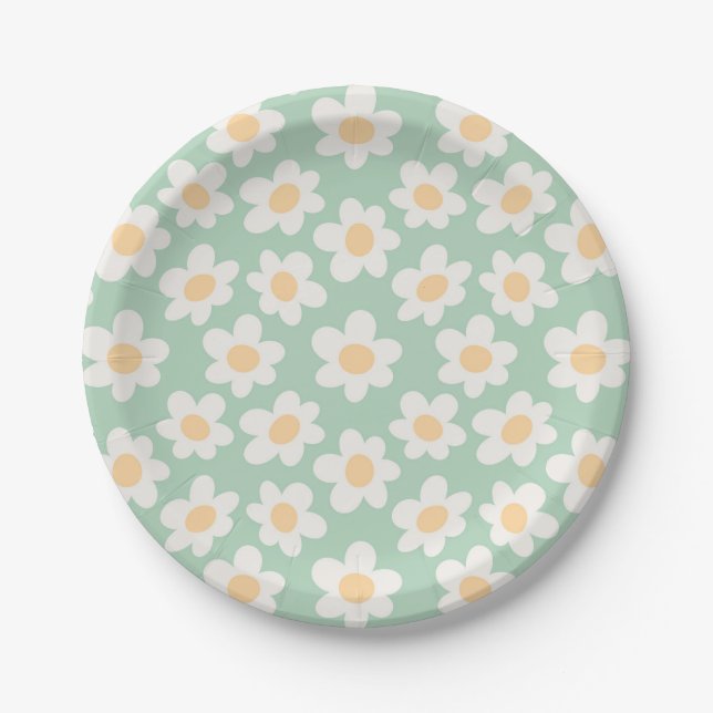 Retro style daisies in bloom on green background paper plate (Front)