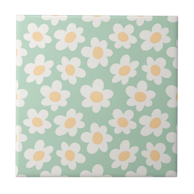 Retro style daisies in bloom on green background tile (Front)