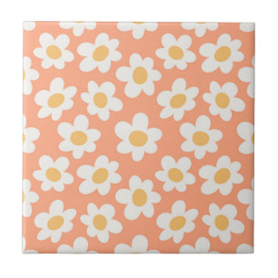 Retro style daisies in bloom on orange background tile