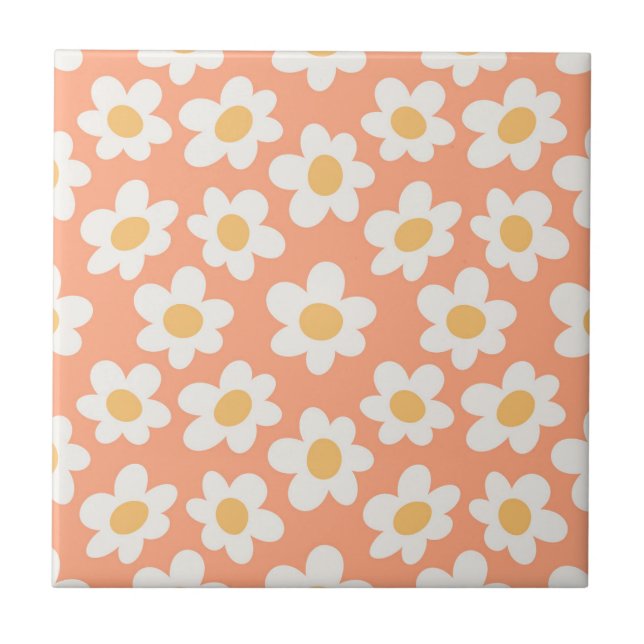 Retro style daisies in bloom on orange background tile (Front)