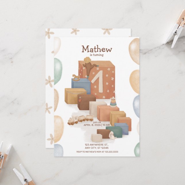 Retro Style First Birthday Invitation (Front/Back In Situ)