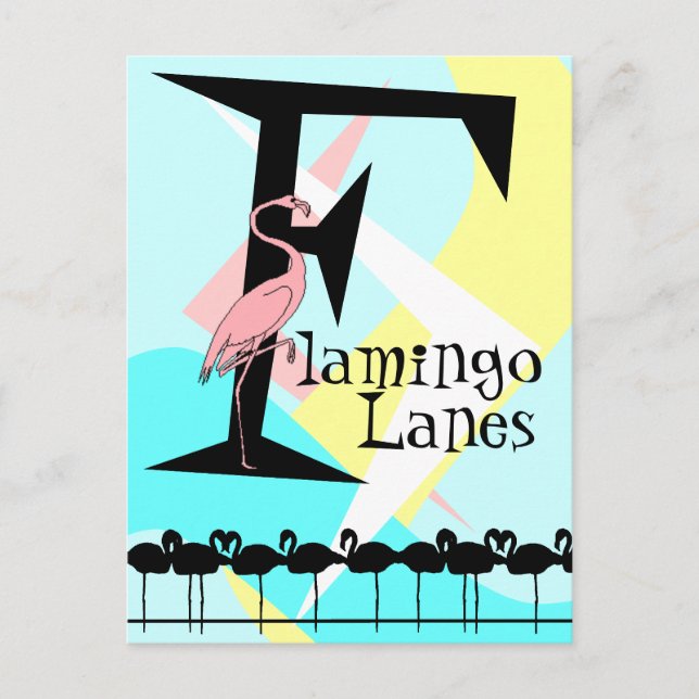 Retro Style Flamingo Lanes Postcard aquas pink (Front)