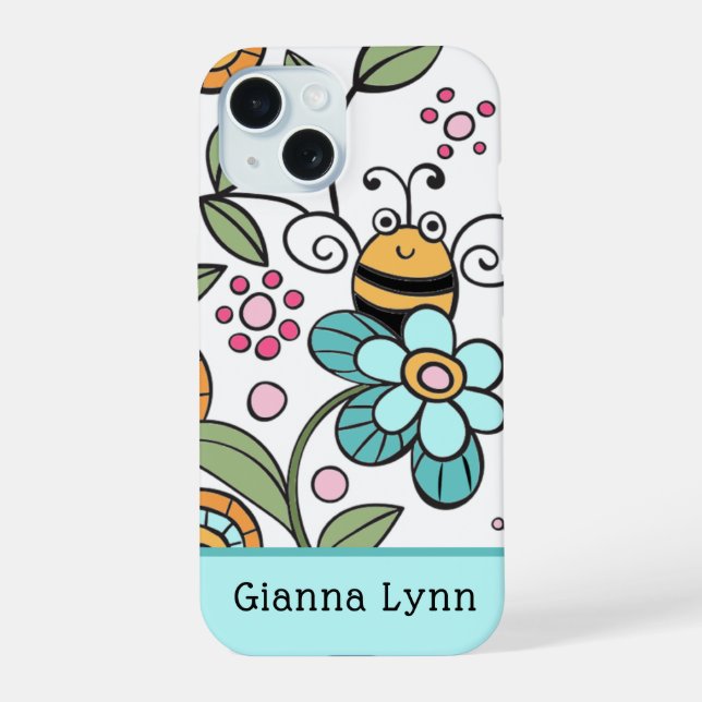 Retro-Style Floral Bumble Bee Monogram iPhone 15 Case (Back)