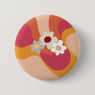 Retro style flowers and waves 2 inch round button