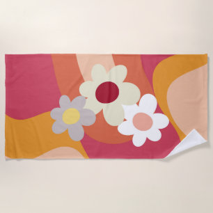 Retro style flowers and waves beach towel