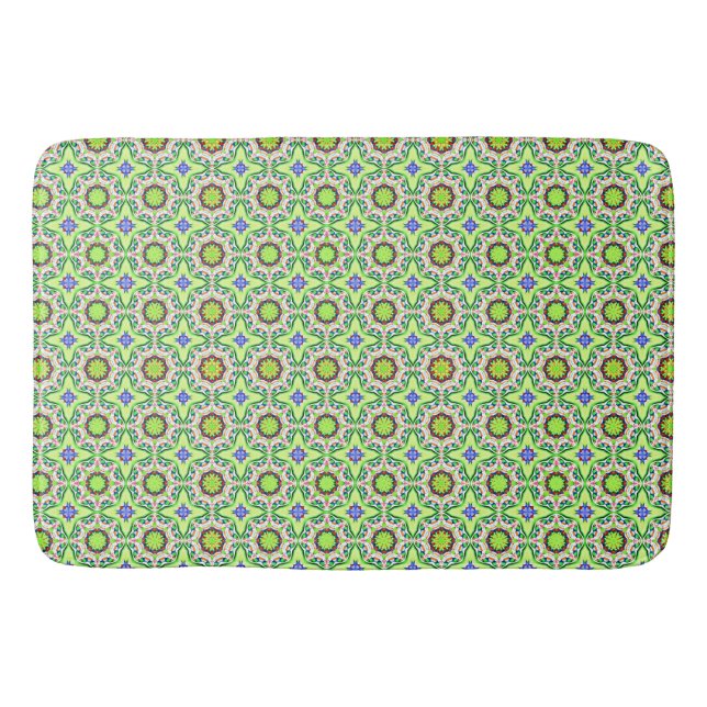 Retro style geometric pattern greens and blues bath mat (Front)