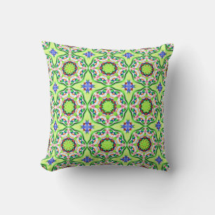 Retro style geometric pattern greens and blues throw pillow