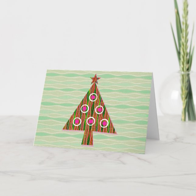 Retro Style Green Pink Christmas Tree Card (Front)