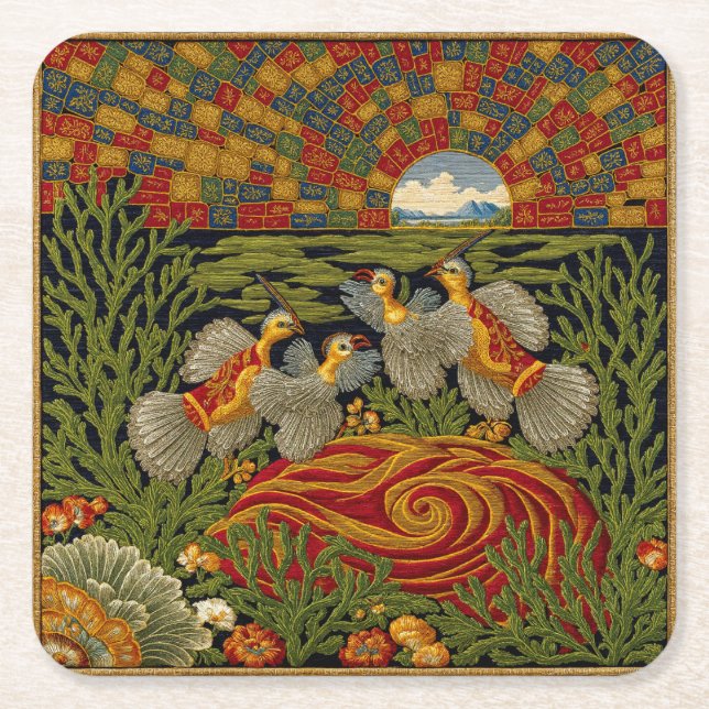 Retro Style Green Tapestry Exotic Birds Square Paper Coaster (Front)