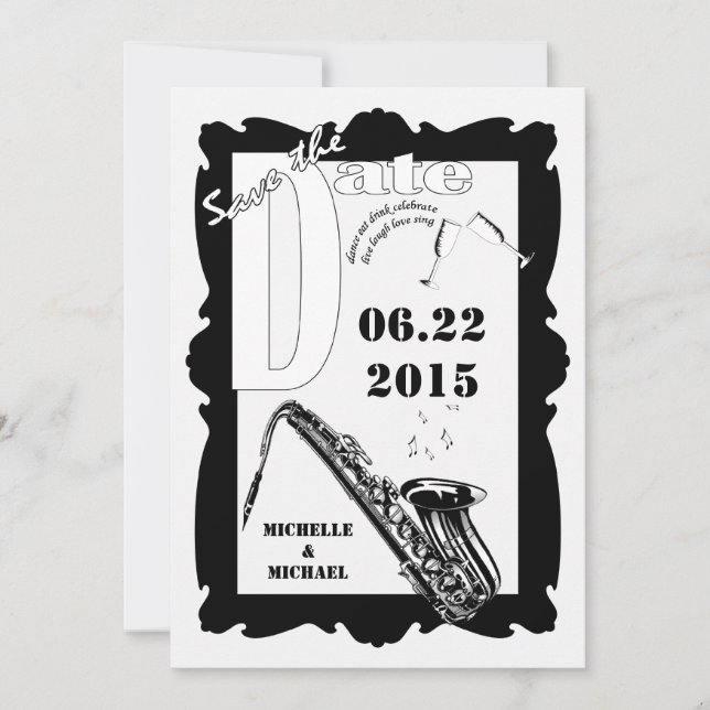 Retro Style Jazz Save the Date Black White Invitation (Front)