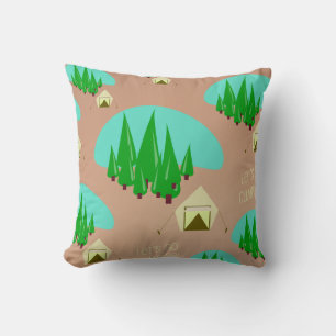 Retro Style Kitschy Camping Illustration Pattern Throw Pillow