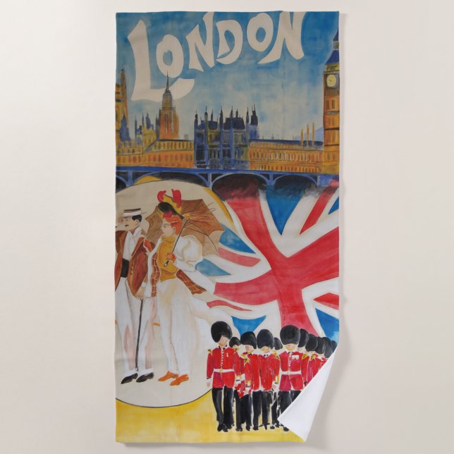 Retro Style London England Watercolor Art Beach Towel (Front)