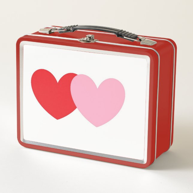 Retro Style Metal Lunchbox With Pink & Red Hearts (Front)