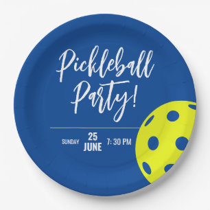Retro Style Neon Blue Themed Pickleball Birthday Paper Plate