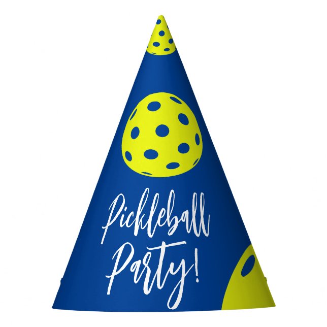 Retro Style Neon Blue Themed Pickleball Birthday Party Hat (Front)