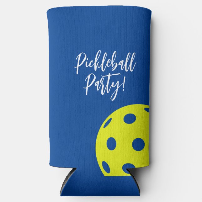 Retro Style Neon Blue Themed Pickleball Birthday Seltzer Can Cooler (Front)