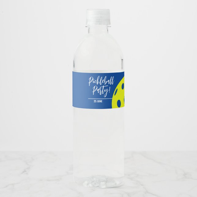 Retro Style Neon Blue Themed Pickleball Birthday Water Bottle Label (Front)