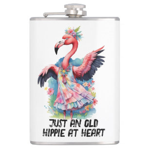 Retro Style Old Hippie at Heart Dancing Flamingo  Hip Flask