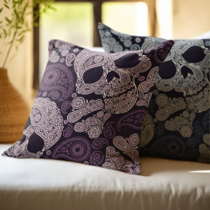 Retro Style Paisley Skull in Dark Purple Throw Pillow