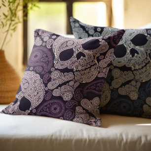 Retro Style Paisley Skull in Navy Blue Throw Pillow