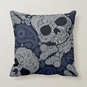 Retro Style Paisley Skull in Navy Blue Throw Pillow