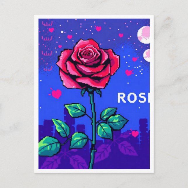 Retro style pixelated rose postcard (Front)