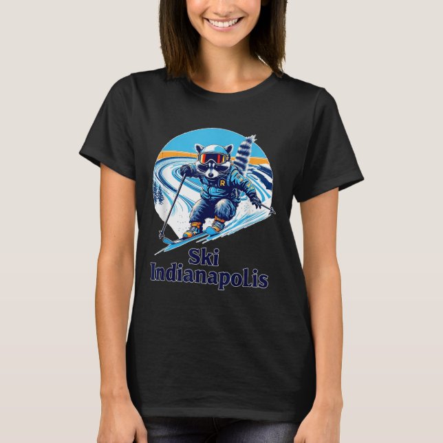 Retro Style Raccoon Skiing In Indianapolis Indiana T-Shirt (Front)
