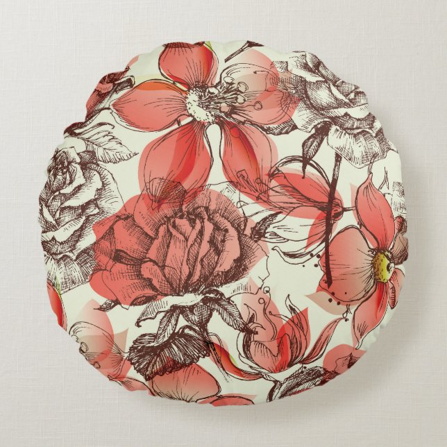 Retro Style Red Roses Pattern Round Pillow (Front)