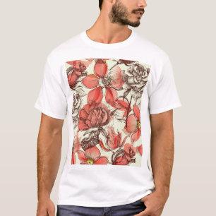 Retro Style Red Roses Pattern T-Shirt