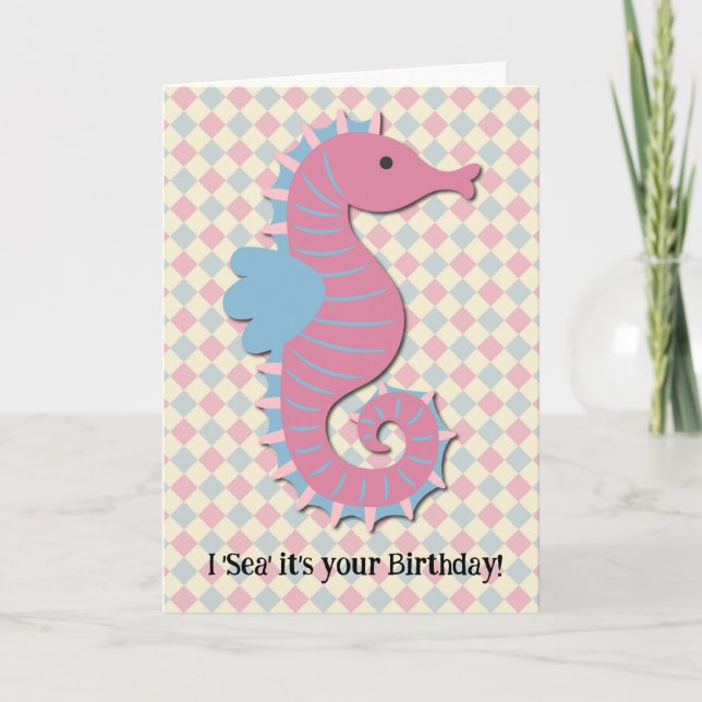 Retro Style Seahorse Fun Pun Birthday Card (Front)
