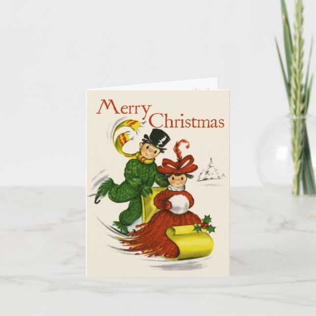 Retro-Style Sledding Couple Christmas Card (Front)