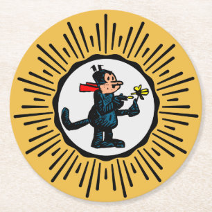 Retro-Style Starburst Cartoon Cat Round Coaster