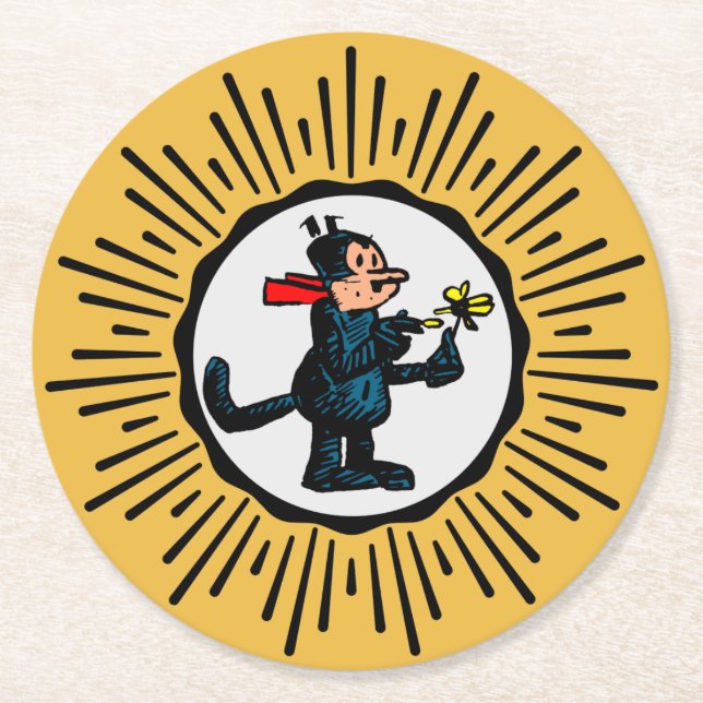 Retro-Style Starburst Cartoon Cat Round Coaster (Front)