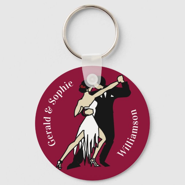 Retro-style Tango Dancers on Rich Burgundy  Keychain (Front)