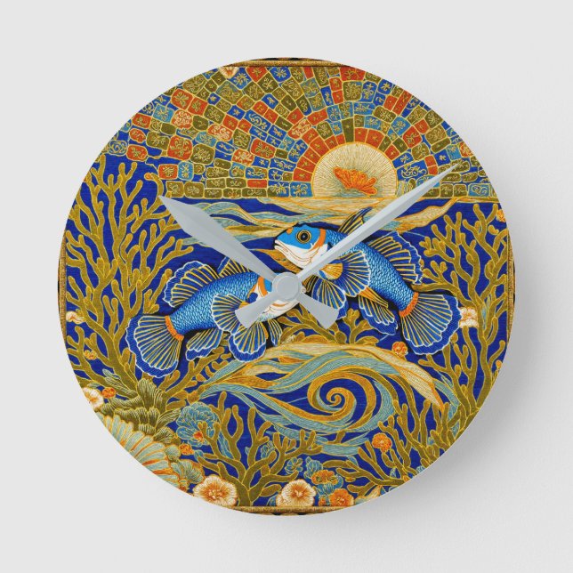 Retro Style Tapestry Blue Mandarin Fish Round Clock (Front)