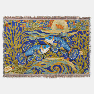 Retro Style Tapestry Blue Mandarin Fish Throw Blanket