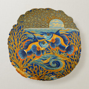 Retro Style Tapestry Orange Mandarin Fish Round Pillow