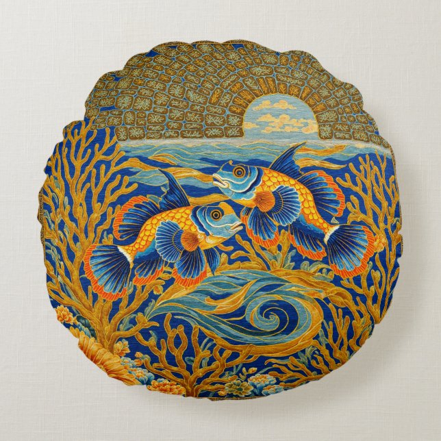 Retro Style Tapestry Orange Mandarin Fish Round Pillow (Front)