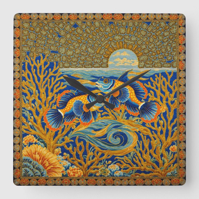 Retro Style Tapestry Orange Mandarin Fish Square Wall Clock (Front)
