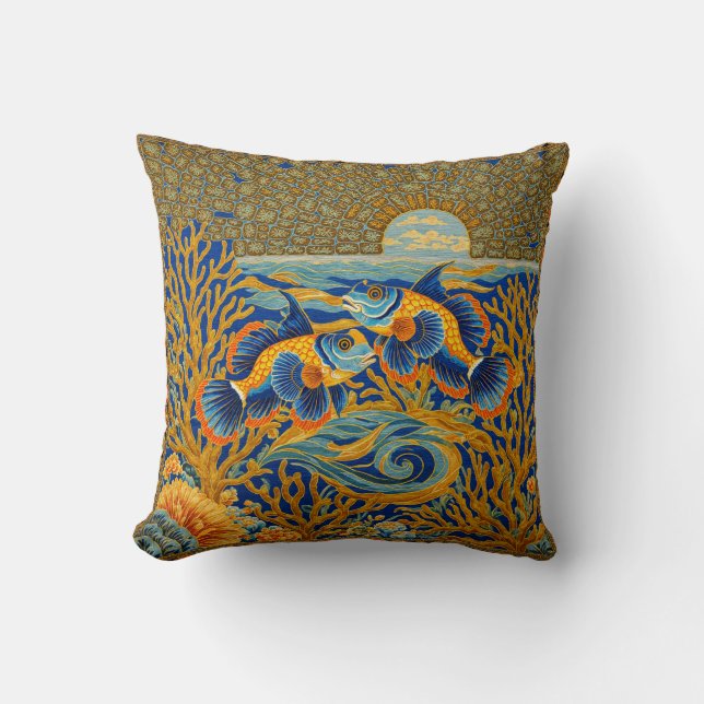 Retro Style Tapestry Orange Mandarin Fish Throw Pillow (Front)