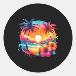 Retro Style Tropical Vintage Sunset Beach Palm Tre Classic Round Sticker