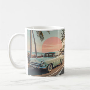 Retro-style vintage car on a coastal road coffee mug