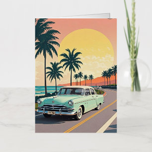 Retro-style vintage car on a coastal road foil greeting card