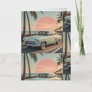 Retro-style vintage car on a coastal road  foil greeting card