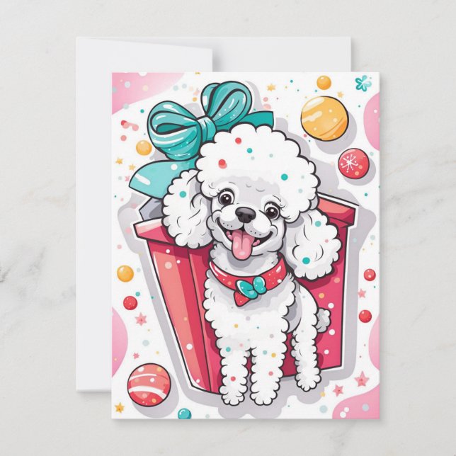 Retro Style White Poodle Christmas Holiday Card (Front)